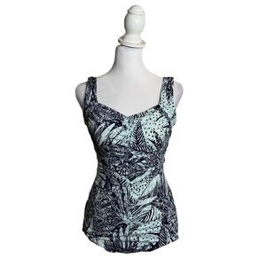 Vintage Rose Marie Reid One Piece Ruched Style Blue Tropical Foliage Swim Suit 8